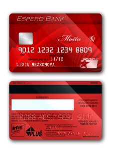 A bank card modeled on my debit card, but with all the text translated into Esperanto.